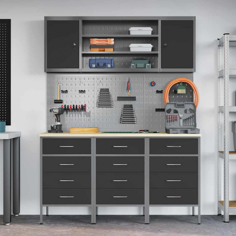 Szafka robocza z półką 7 pcs Czarny Drewno inżynieryjne i stal