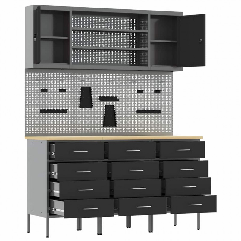 Szafka robocza z półką 7 pcs Czarny Drewno inżynieryjne i stal