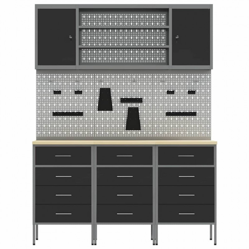 Szafka robocza z półką 7 pcs Czarny Drewno inżynieryjne i stal