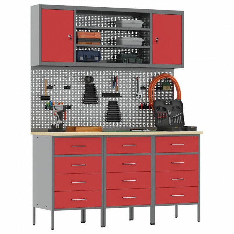 Szafka robocza 7 pcs Czerwony Drewno inżynieryjne i stal