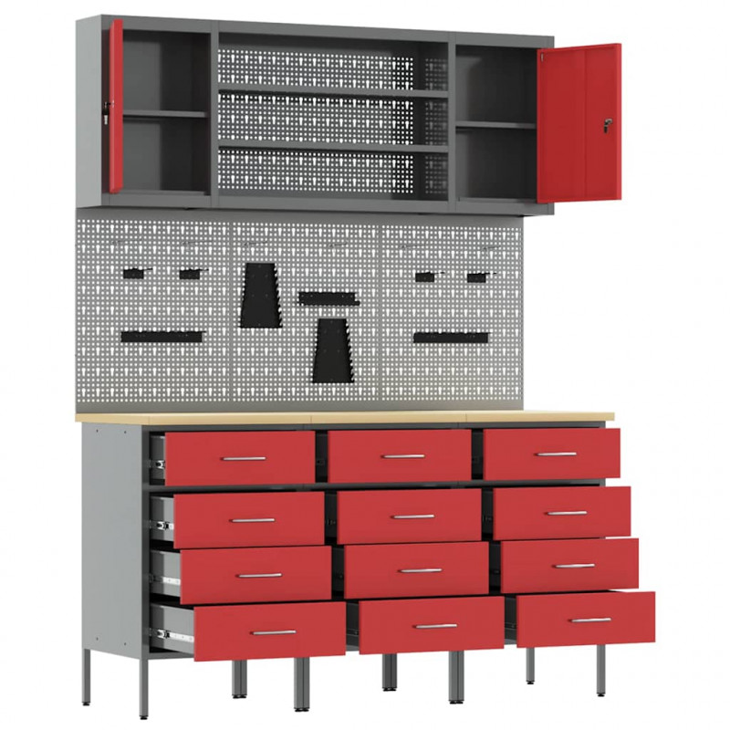 Szafka robocza 7 pcs Czerwony Drewno inżynieryjne i stal