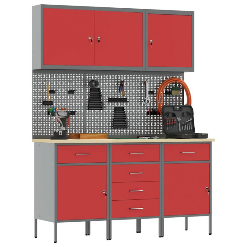 Szafka robocza 8 pcs Czerwony Drewno inżynieryjne i stal