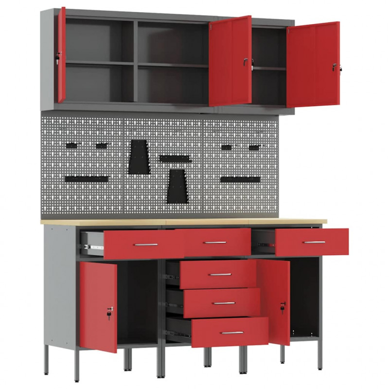 Szafka robocza 8 pcs Czerwony Drewno inżynieryjne i stal