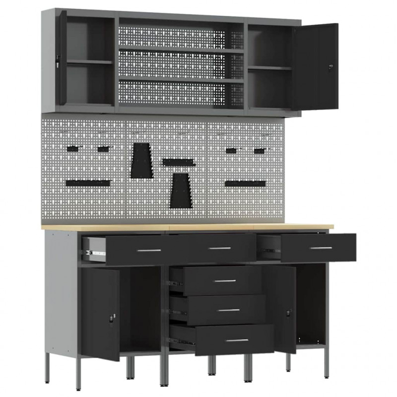 Szafka robocza z półką 7 pcs Czarny Drewno inżynieryjne i stal