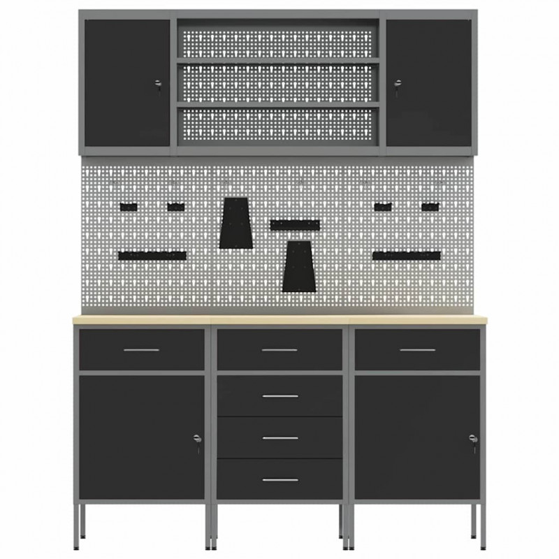 Szafka robocza z półką 7 pcs Czarny Drewno inżynieryjne i stal