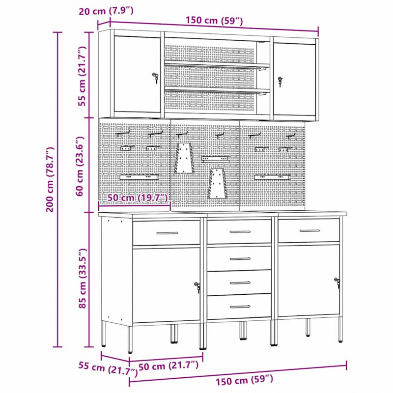 Szafka robocza z półką 7 pcs Czarny Drewno inżynieryjne i stal