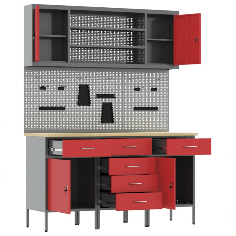 Szafka robocza 7 pcs Czerwony Drewno inżynieryjne i stal