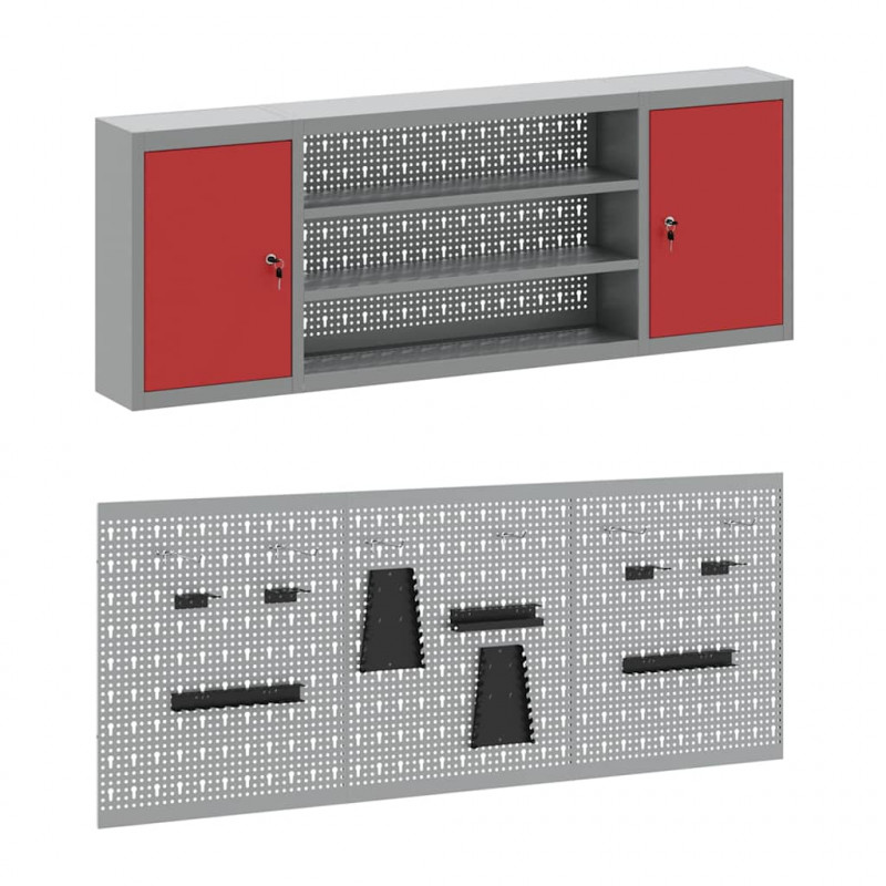 Szafka robocza 7 pcs Czerwony Drewno inżynieryjne i stal