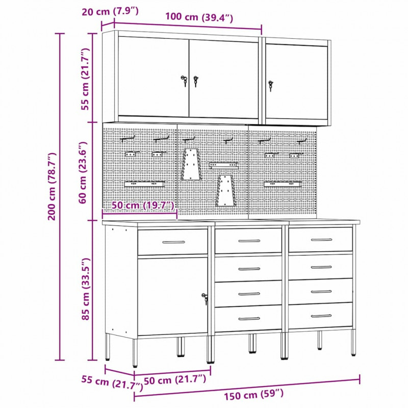Szafka robocza 8 pcs Czarny Drewno inżynieryjne i stal