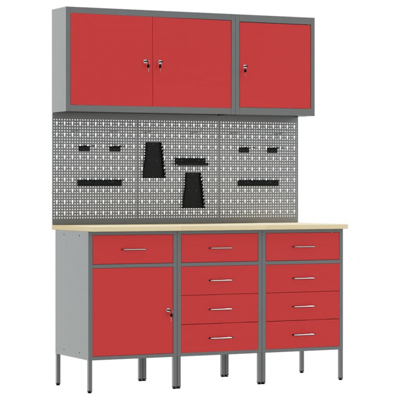 Szafka robocza 8 pcs Czerwony Drewno inżynieryjne i stal