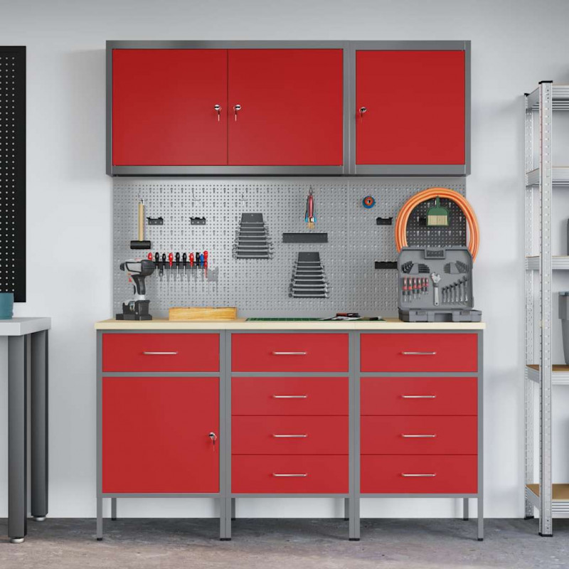 Szafka robocza 8 pcs Czerwony Drewno inżynieryjne i stal