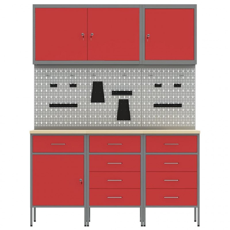 Szafka robocza 8 pcs Czerwony Drewno inżynieryjne i stal