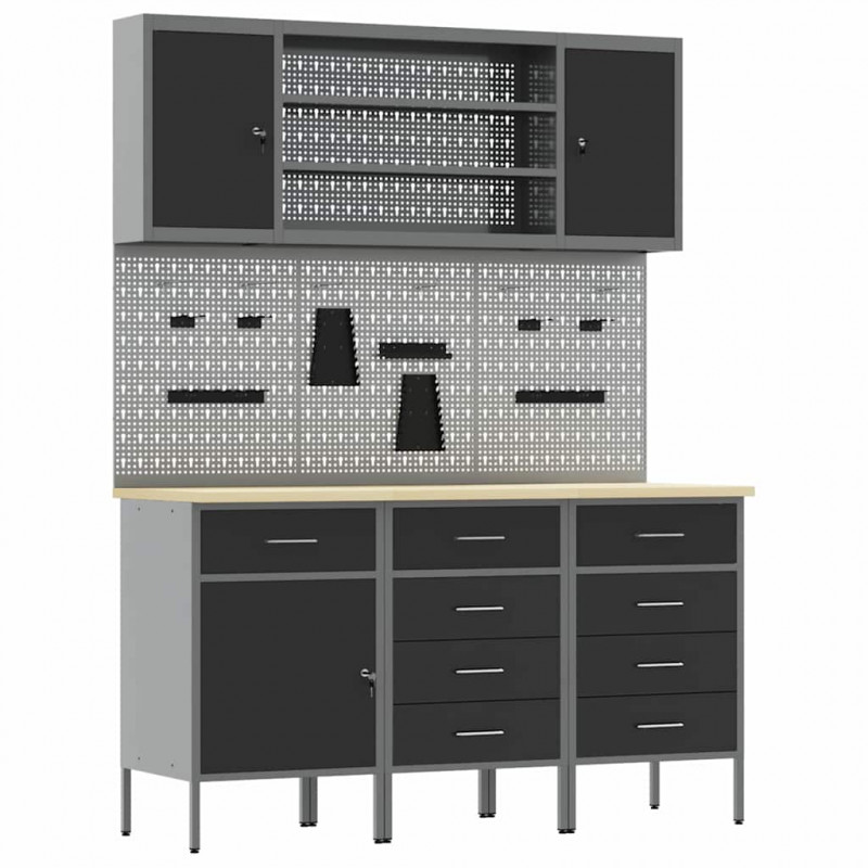 Szafka robocza z półką 7 pcs Czarny Drewno inżynieryjne i stal