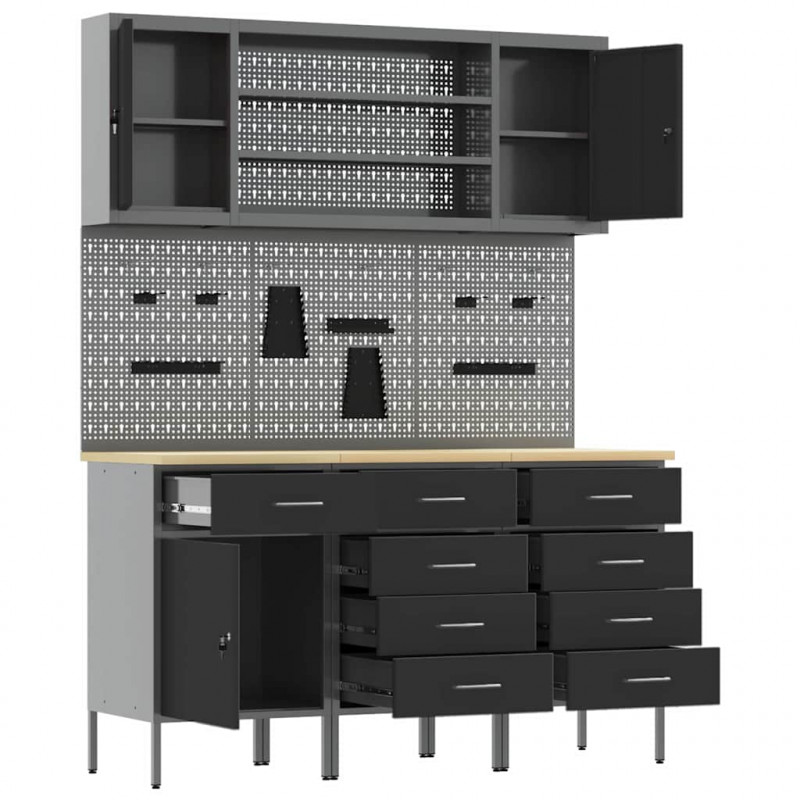 Szafka robocza z półką 7 pcs Czarny Drewno inżynieryjne i stal