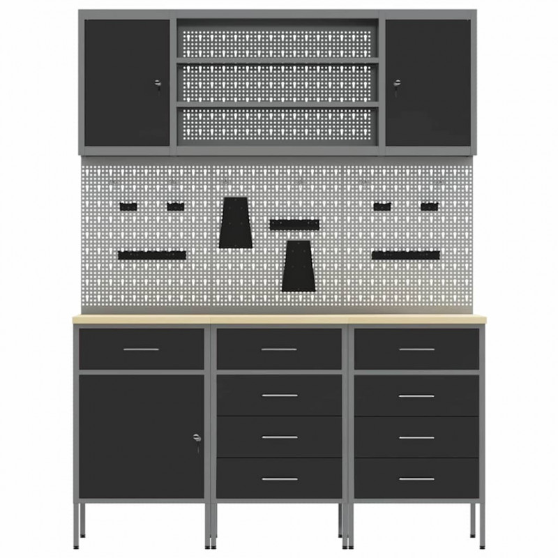 Szafka robocza z półką 7 pcs Czarny Drewno inżynieryjne i stal