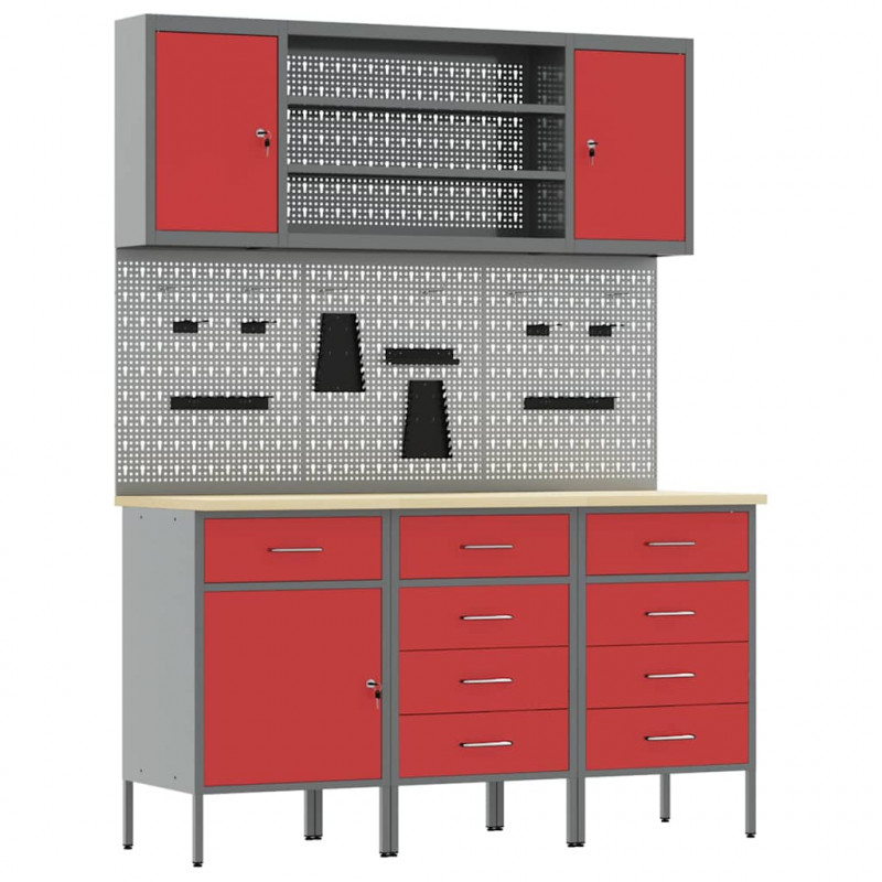 Szafka robocza 7 pcs Czerwony Drewno inżynieryjne i stal