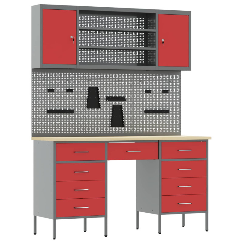 Szafka robocza 8 pcs Czerwony Drewno inżynieryjne i stal