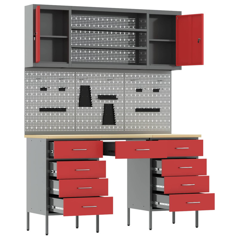Szafka robocza 8 pcs Czerwony Drewno inżynieryjne i stal