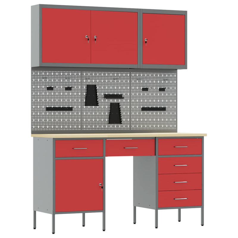 Szafka robocza 8 pcs Czerwony Drewno inżynieryjne i stal