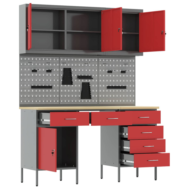 Szafka robocza 8 pcs Czerwony Drewno inżynieryjne i stal