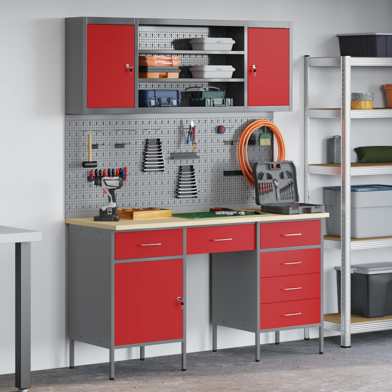 Szafka robocza 8 pcs Czerwony Drewno inżynieryjne i stal