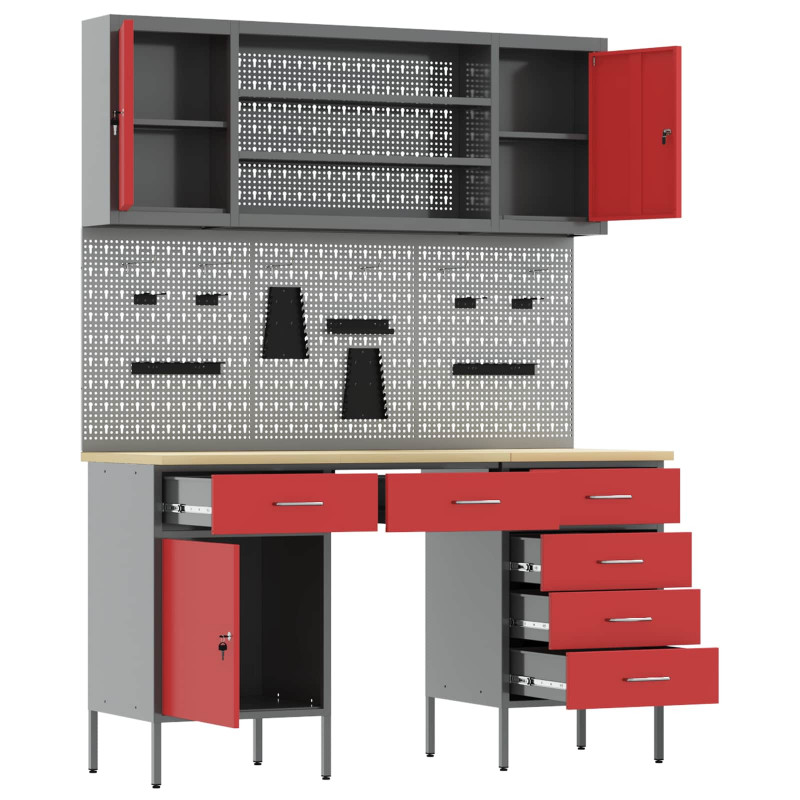 Szafka robocza 8 pcs Czerwony Drewno inżynieryjne i stal