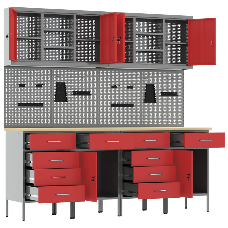 Szafka robocza 10 pcs Czerwony Drewno inżynieryjne i stal