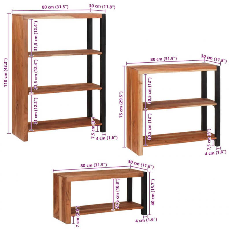 Półka na książki 3 pcs Brązowy 80 x 30 x 110 cm