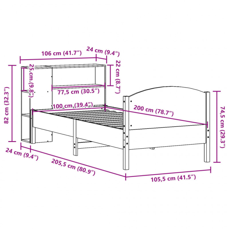 Łóżko z regałem, bez materaca, 100x200 cm, sosnowe