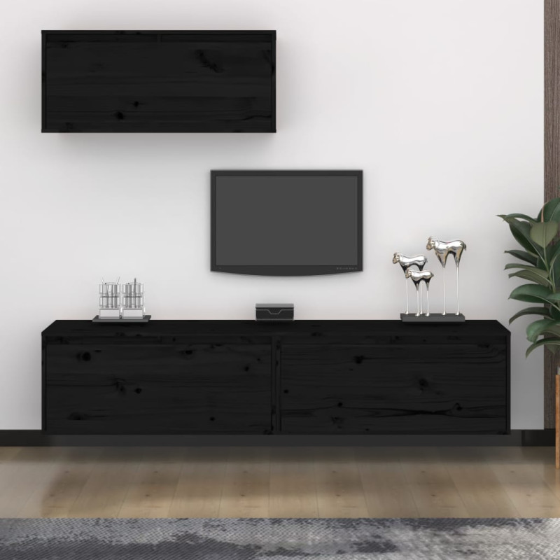 Szafki pod TV, 3 szt., czarne, lite drewno sosnowe