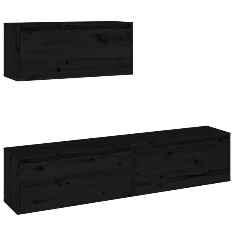 Szafki pod TV, 3 szt., czarne, lite drewno sosnowe