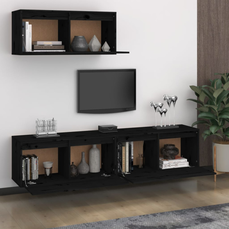 Szafki pod TV, 3 szt., czarne, lite drewno sosnowe