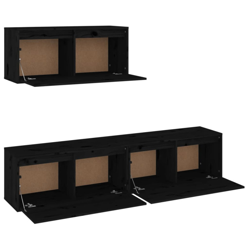 Szafki pod TV, 3 szt., czarne, lite drewno sosnowe