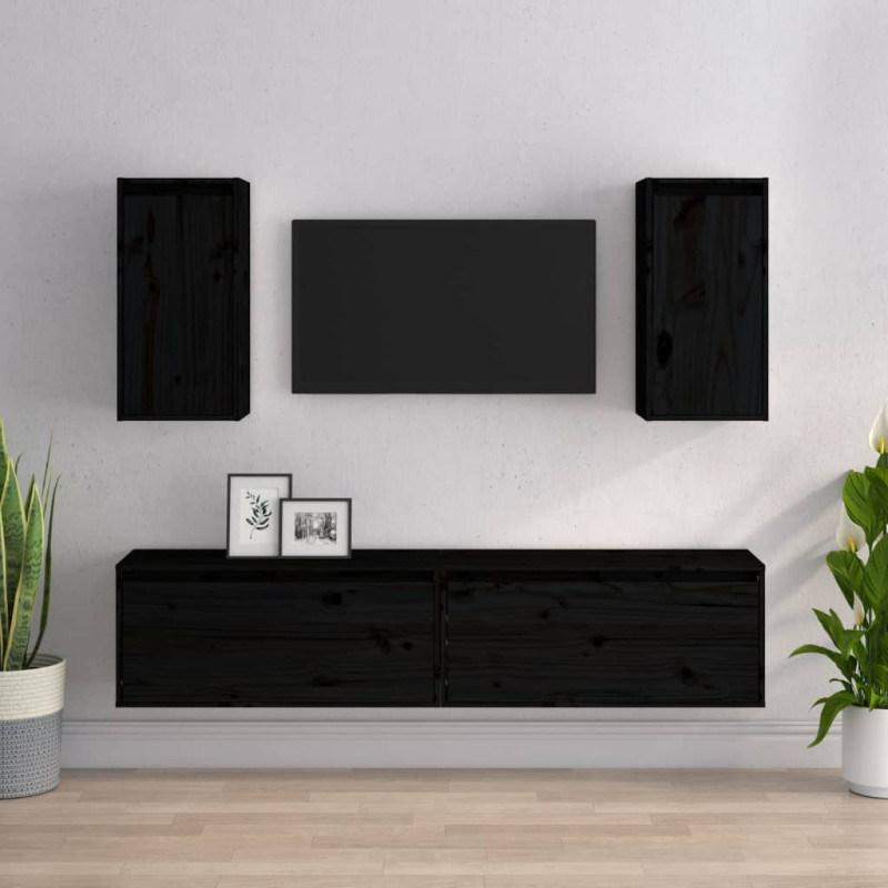 Szafki pod TV, 4 szt., czarne, lite drewno sosnowe