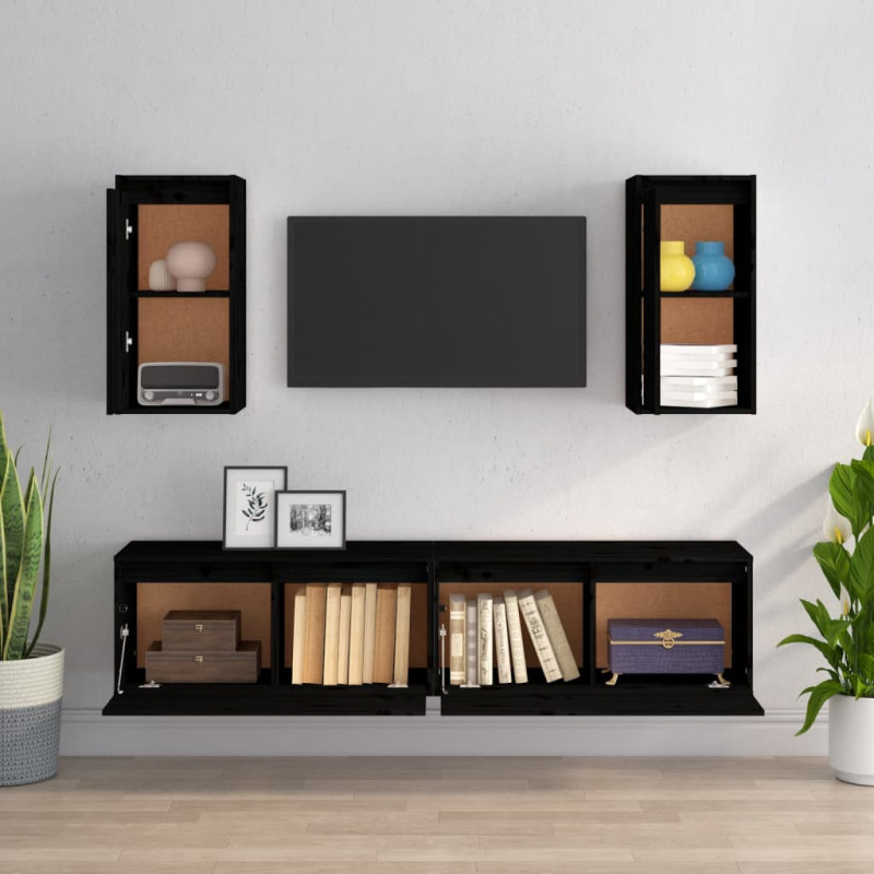 Szafki pod TV, 4 szt., czarne, lite drewno sosnowe