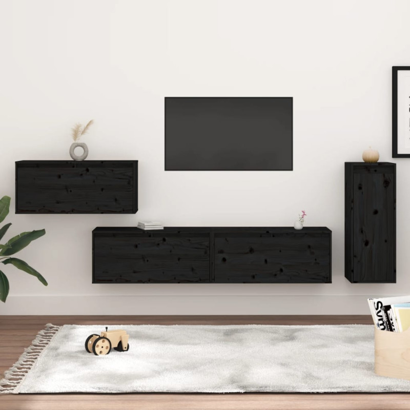 Szafki pod TV, 4 szt., czarne, lite drewno sosnowe