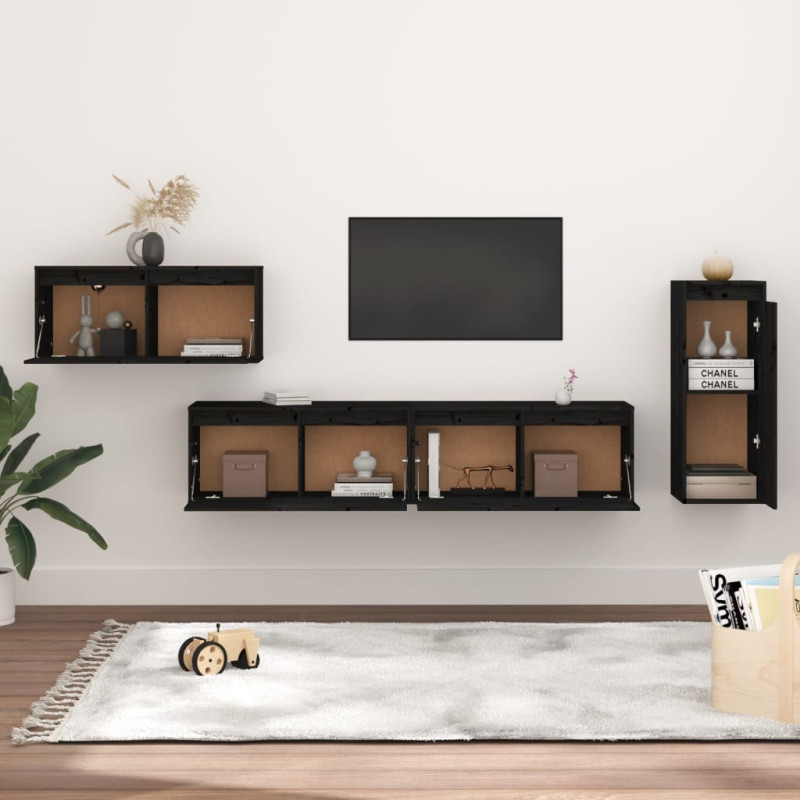 Szafki pod TV, 4 szt., czarne, lite drewno sosnowe