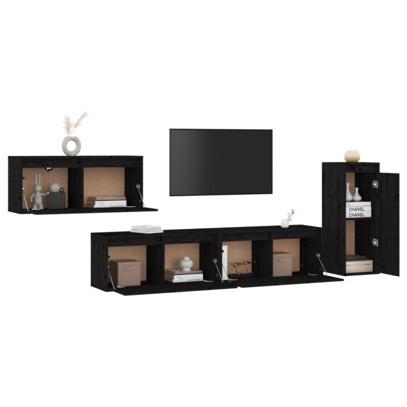 Szafki pod TV, 4 szt., czarne, lite drewno sosnowe