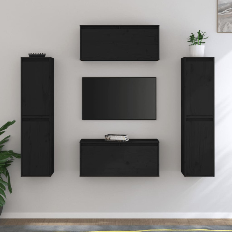 Szafki pod TV, 6 szt., czarne, lite drewno sosnowe