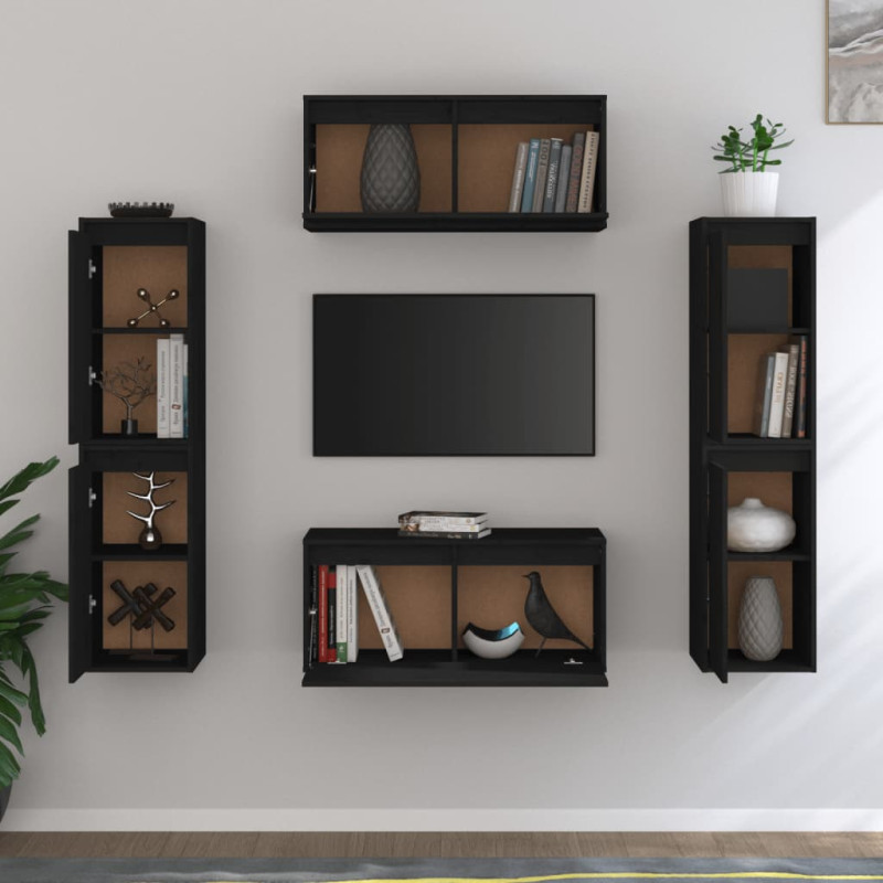 Szafki pod TV, 6 szt., czarne, lite drewno sosnowe