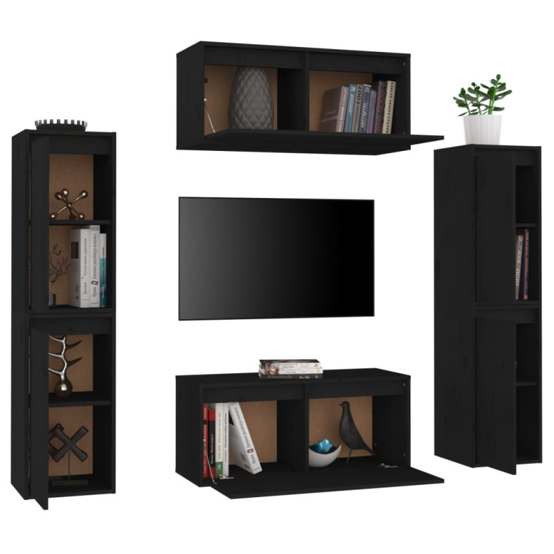 Szafki pod TV, 6 szt., czarne, lite drewno sosnowe