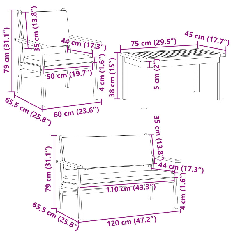 Zestaw Sof na Ogród 4 pcs Brązowy 120 x 65,5 x 79 cm