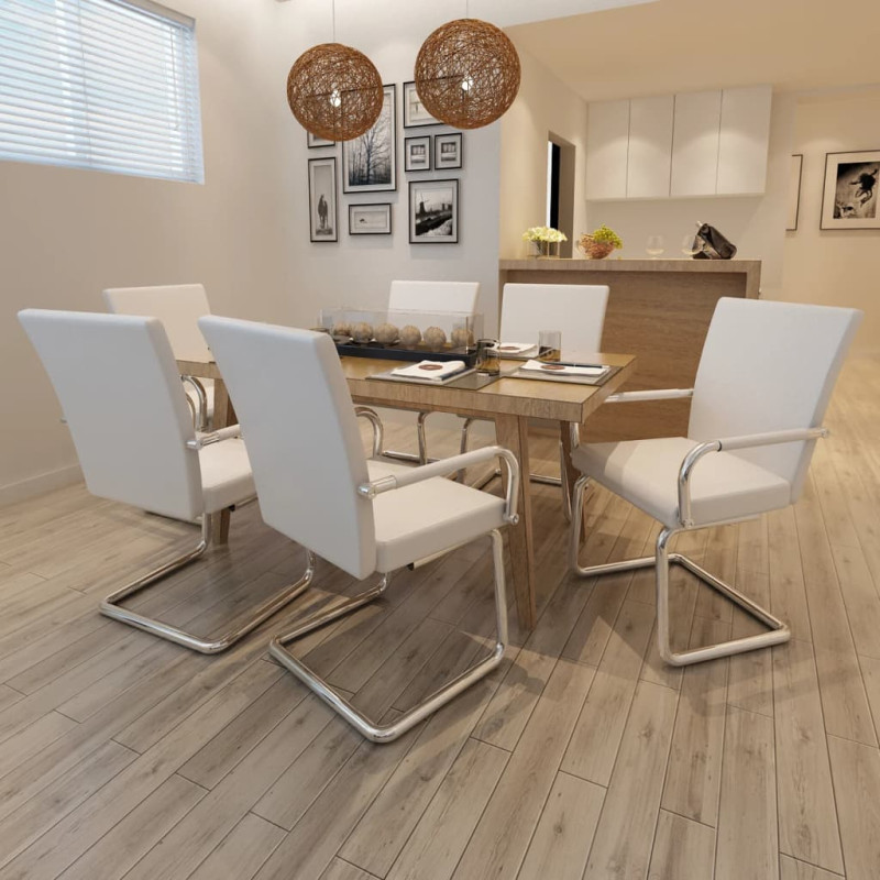 Krzesła stołowe, wspornikowe, 6 szt., białe, sztuczna skóra