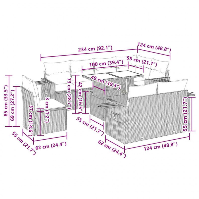 9-cz. zestaw mebli ogrodowych z poduszkami, szary, polirattan