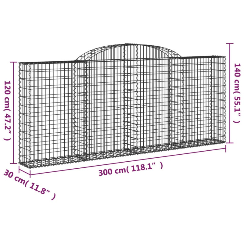 Kosze gabionowe, 9 szt, 300x30x120/140cm, galwanizowane żelazo