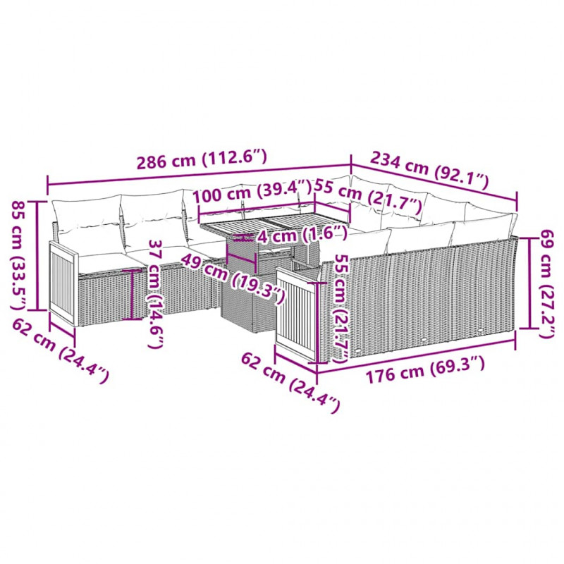 11-cz. zestaw mebli z poduszkami, czarny, polirattan i akacja