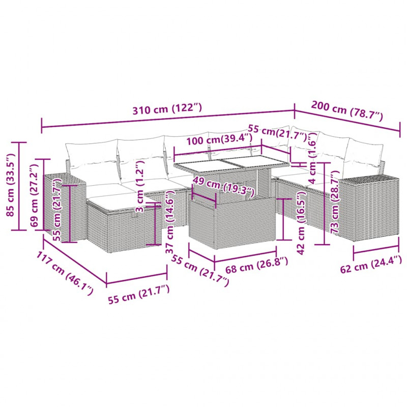 9-cz. zestaw mebli ogrodowych, poduszki, jasnoszary polirattan