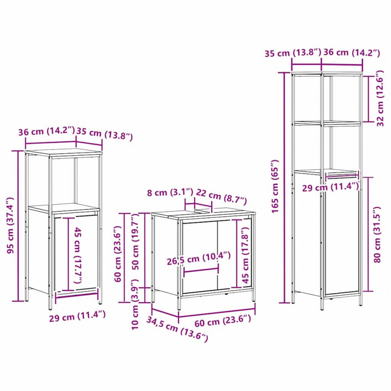 Zestaw mebli łazienkowych z półką z drzwiami 3 pcs Czarny Dąb