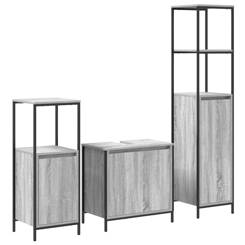 Zestaw mebli łazienkowych z półką 3 pcs Szary Sonoma i czarny