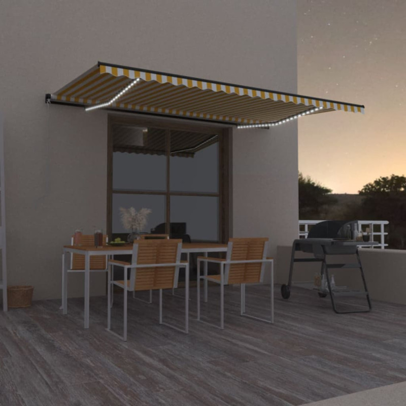 Ręcznie zwijana markiza z LED, 500 x 300 cm, żółto-biała